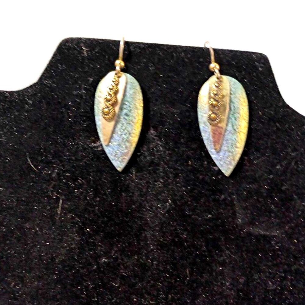 Boho Iridescent Leaf Dangle Earrings – Metallic Patina & Beaded Feather Charms
